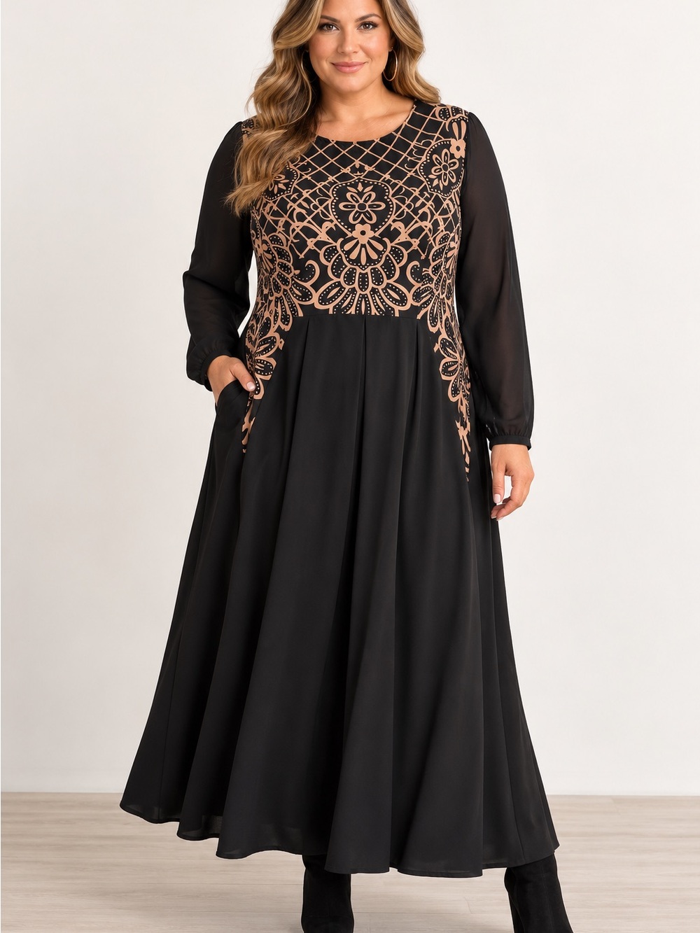 Order Plus Black Cotton Dress With Tan Floral Print and Sheer Sleeves Size XL